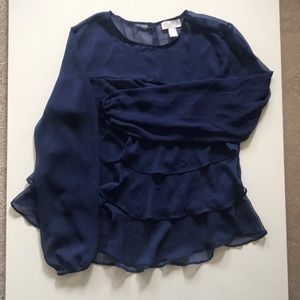 🎃LOFT- Navy Blue Sheer Ruffled Tier Shirt-M